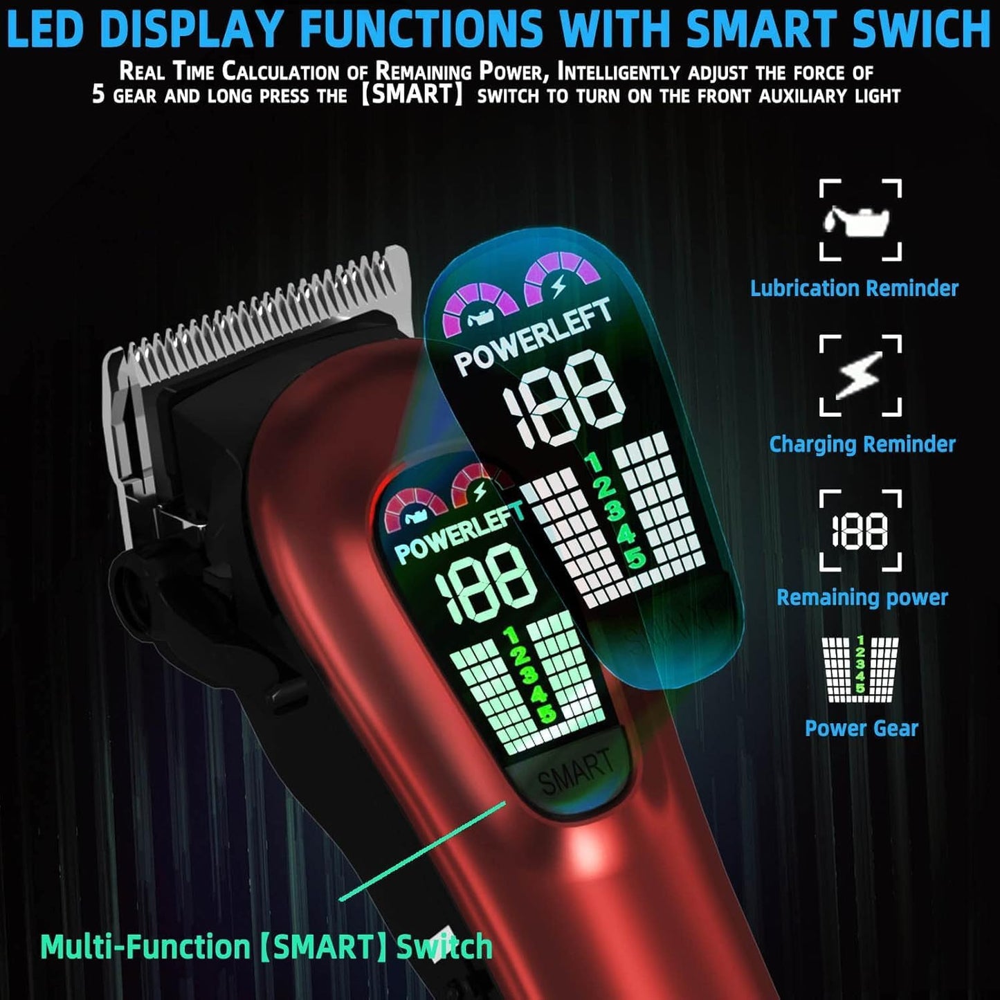TCMKY Hair Clippers - Professional Cordless & Corded Barber Clippers for Hair Cutting | Rechargeable Grooming Kit (Red)