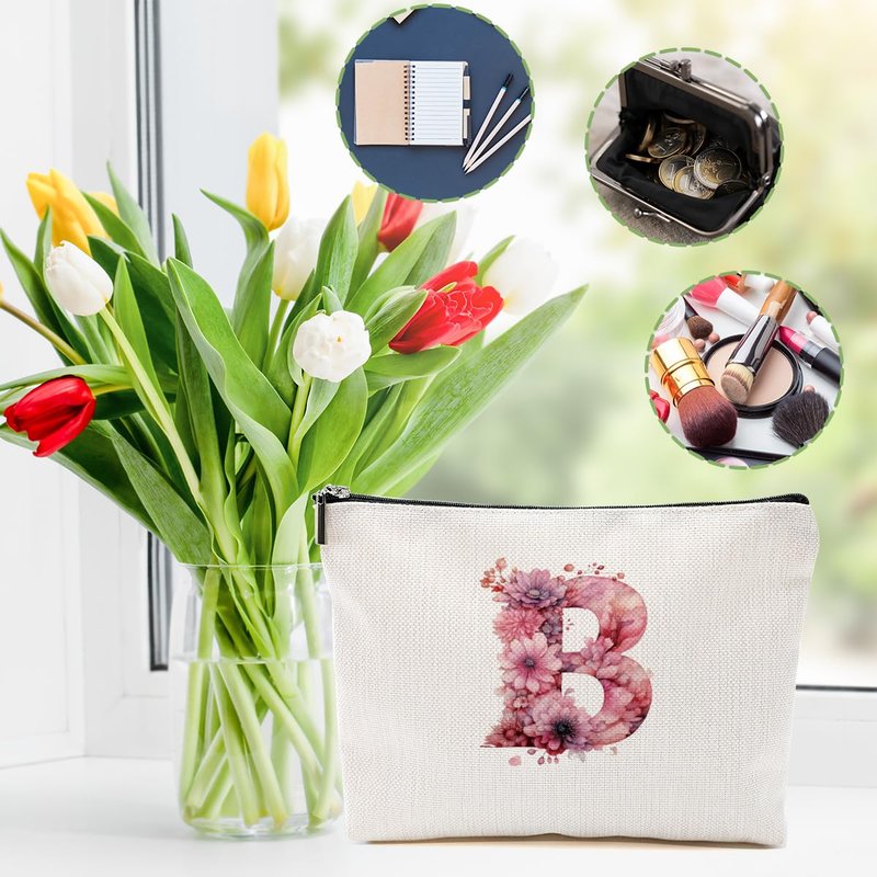 DHKG Initial Makeup Bag Personalized Cosmetic Bag Monogrammed Gifts for Women Girl Bride Teacher Travel Organizer Zipper Pouch Teacher Gifts Mothers Day Birthday Bridal Shower Gifts, Pink Letter B