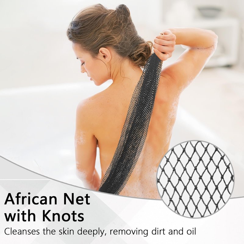 African Net Sponge Authentic with Knots - African Exfoliating Net Sponge with Handles for Body Scrubber Exfoliator - Real Africa Back Wash Bath Sponges for Shower Travel Portable & Dry Quickly, Black
