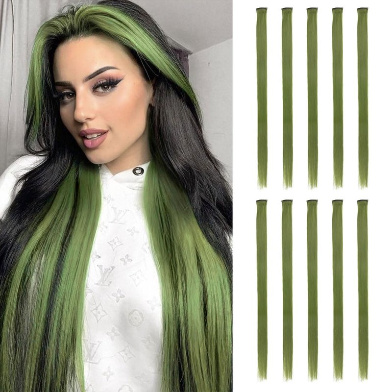 Skiennix 22-Inch Bamboo Green Clip-In Hair Extensions - 10 Pcs Straight Synthetic Hairpieces for Women