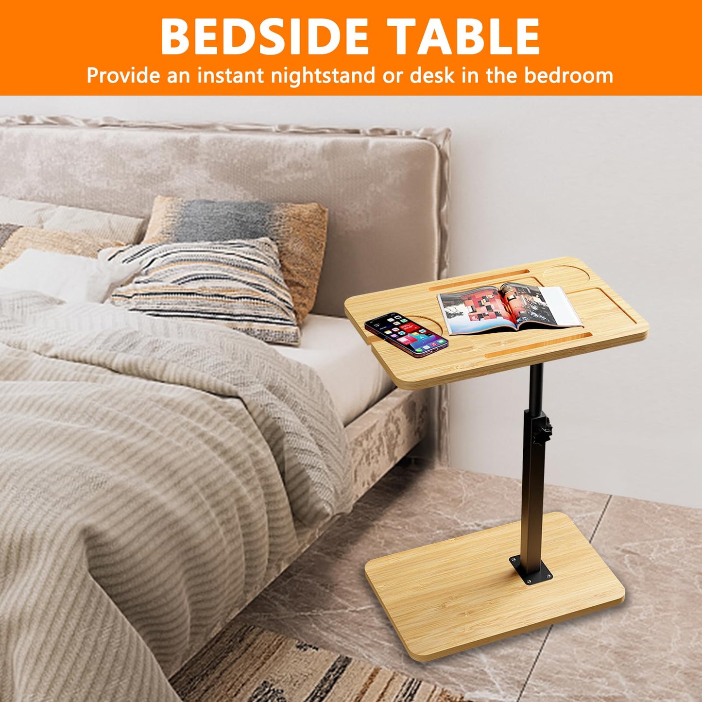 Bathtub Caddy Tray Table with Adjustable Height, Freestanding Bath Caddy Tray with Reading Rack, Tablet Holder, Cellphone Tray and Wine Glass Holder, Organizer Tray-B