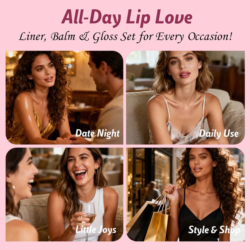 3 Pack Lip Combo Set - Matte Lip Liner Pencil + Hydrating Tinted Lip Balm + Plumping Lip Gloss, Non-Sticky, Long-Lasting, 3-in-1 Lip Makeup Kit for Plump, Hydrated & Glossy Lips (Sweet Fig Set)