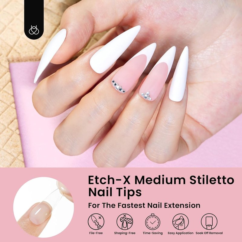 Beetles Gel Nail Tips - Stiletto Medium Pre-Etched Half Matte Full Cover | 576 Pcs in 12 Sizes for Easy DIY Press-On Extensions