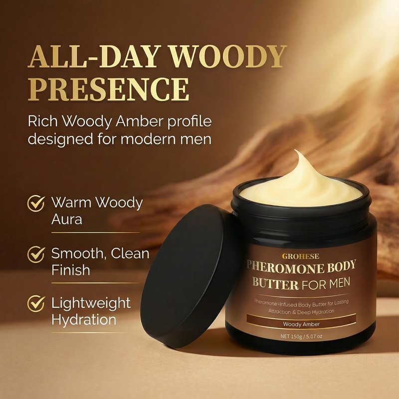 Allaura Beauty Pheromone Body Butter Men, Mens Skin Cream, Cologne-Inspired Fragrance Moisturizer with Shea Butter, Cocoa Butter & Coconut Oil, Non-Greasy Hydrating Body Cream - Woody Amber