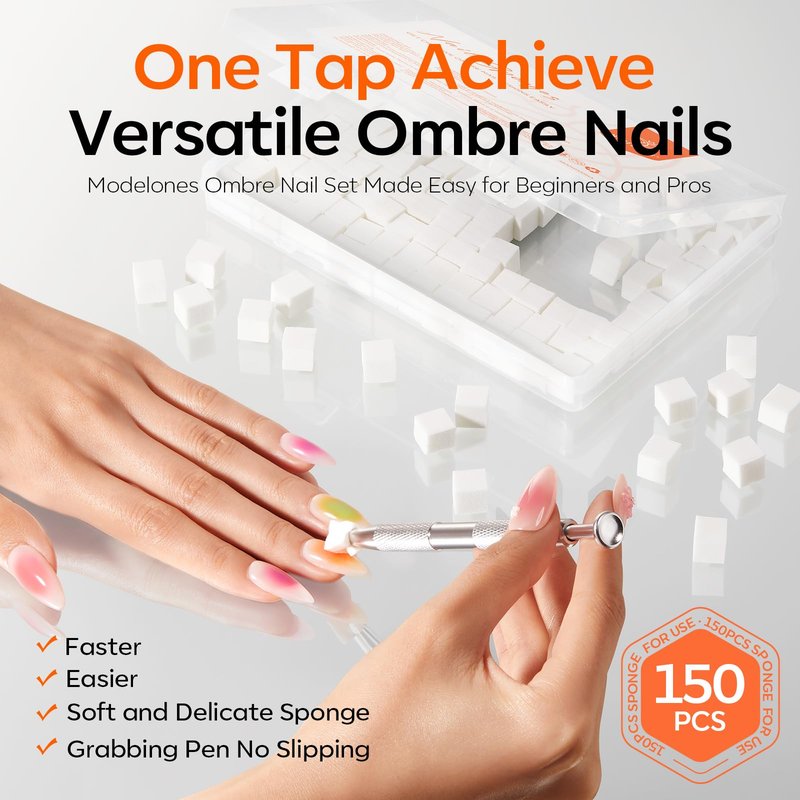 Modelones 150pcs Nail Sponges for Ombre, Nail Art Sponge with Grabbing Pen Reusable Soft Sponges for Gradient Ombre Blush Chrome Design Effects Professional Nail Stuff Supplies DIY