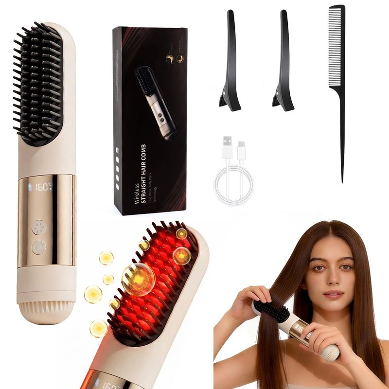 2026 New Go Brush Pro - 3 Temps Portable Cordless Hair Straightener Brush for Travel, 30s Fast Heat & Led Digital Display(°C/°F), Cool Air Setting On the Back (Beige)