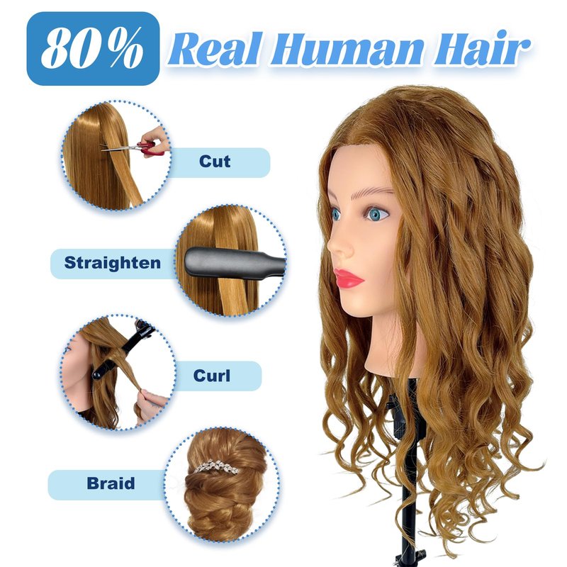 Mannequin Head Human Hair- Cosmetology Manikin Doll Head with 80% Real Hair for Hairdresser Practice Styling Braiding Training Heads & Free Clamp Holder (Brown)
