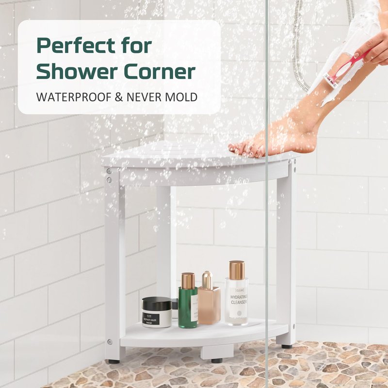BEKVEM Waterproof Corner Shower Stool for Inside Shower, Poly Lumber Shower Bench Seat Chair, Bath Shower Stool for Shaving Legs Foot Rest with Storage Shelf, Adjustable & Non-Slip Feet, White