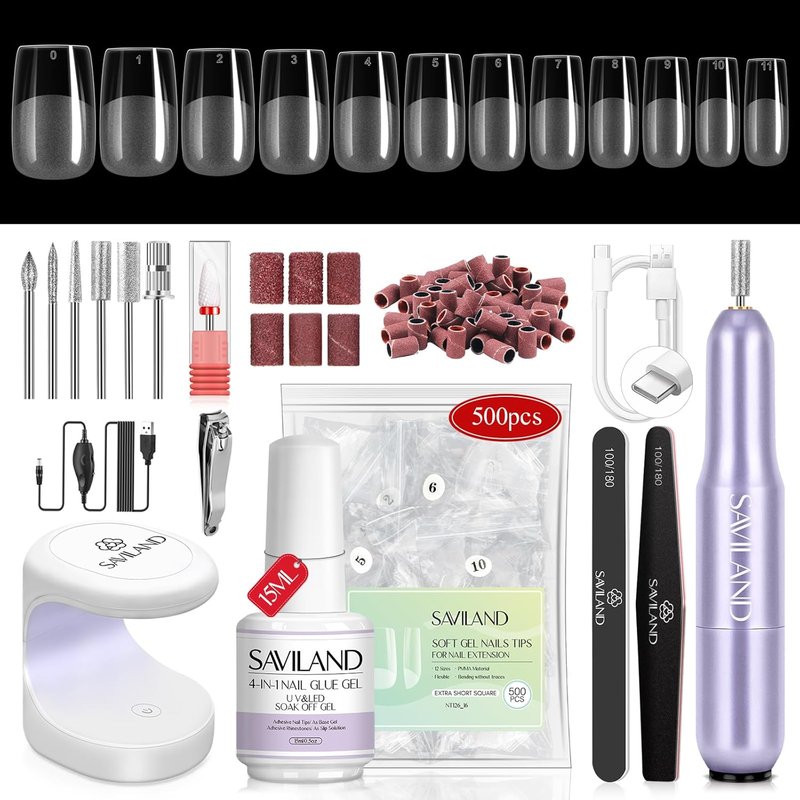 SAVILAND Gel Nail Kit - 500 PCS Short Square False Nail Tips | UV Nail Glue & Lamp for DIY Manicure
