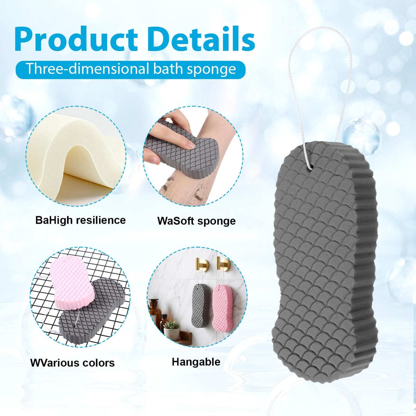ElevateTech Exfoliating Bath Sponge, 4 Pcs Soft Exfoliating Bath Sponges for All Skin Types Gentle Skin Friendly and Reusable Body Scrubber Dead Skins Remover for Adults Men Women