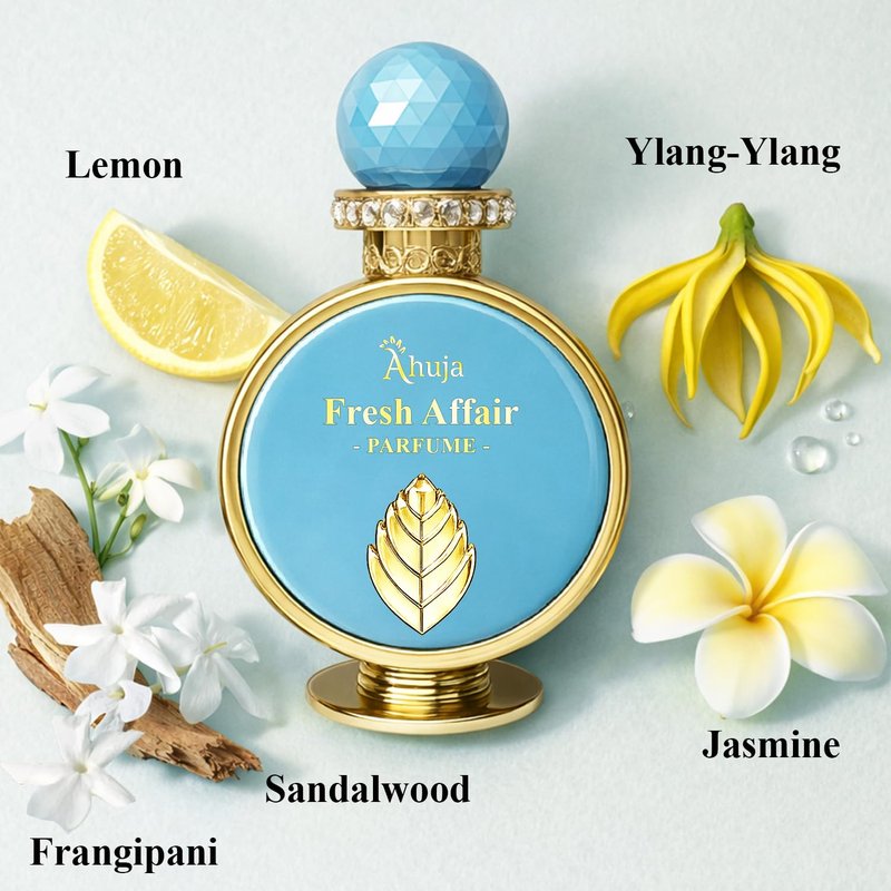 AHUJA Fresh Affairs – 3.4 oz Parfum | Unisex Floral Solar Scent | Long Lasting 30% Oil | Lemon, Jasmine, Frangipani, Ylang-Ylang, Sandalwood | Luxury Gift Box Packaging | “Some Light Stays With You”