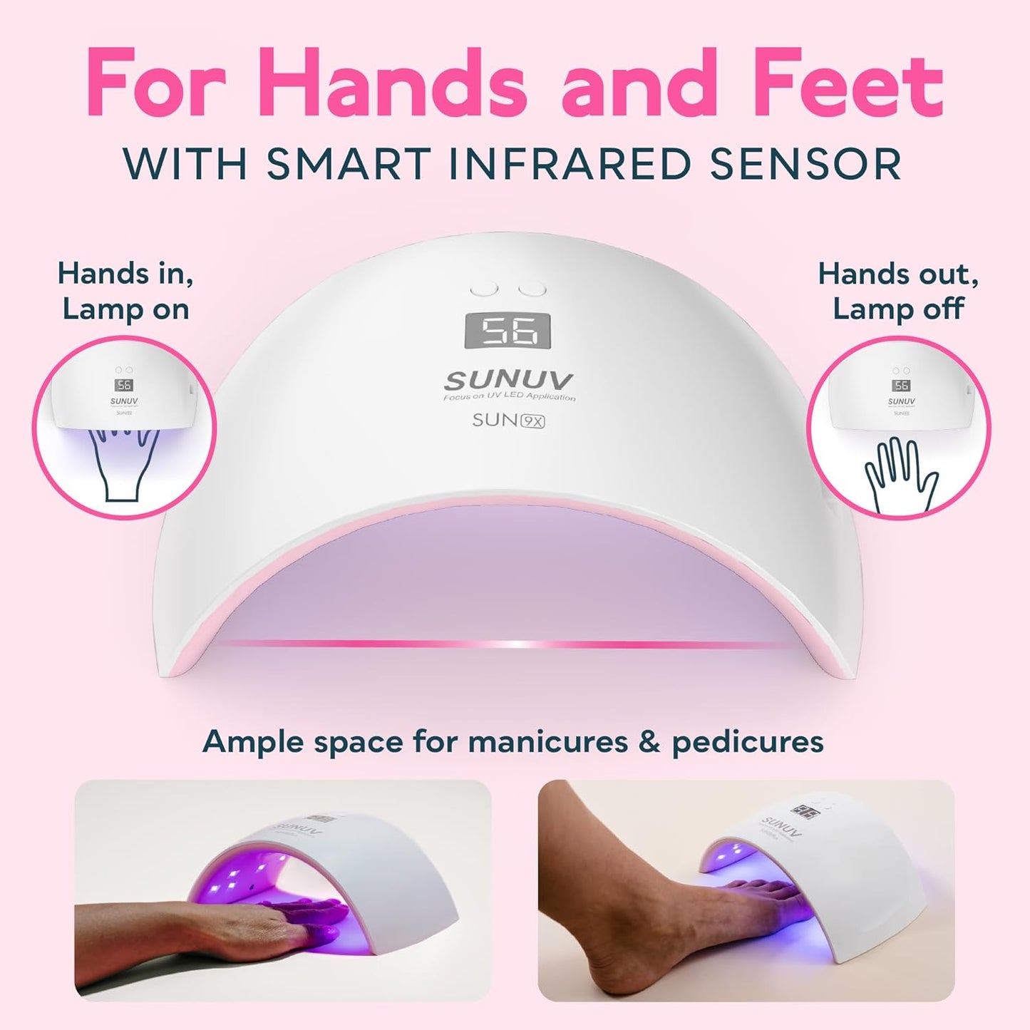SUNUV UV Nail Lamp - Professional Gel Polish Dryer with Sensor, 2 Timers & Display | Pink SUN9X Plus