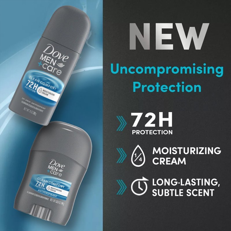 Dove Men’s Antiperspirant Spray & Stick Set - Clean Comfort 72H Protection | Travel Size (4 Pieces)