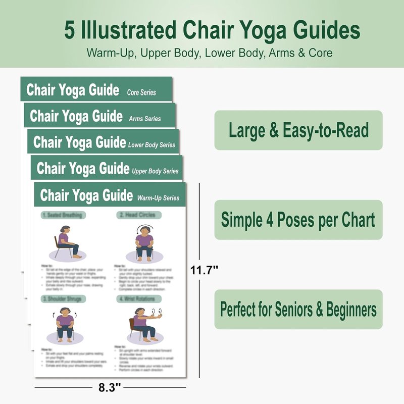 Chair Yoga Poster for Seniors | Set of 5 Illustrated Guides & 30-Day Challenges for Mobility, Balance, Flexibility