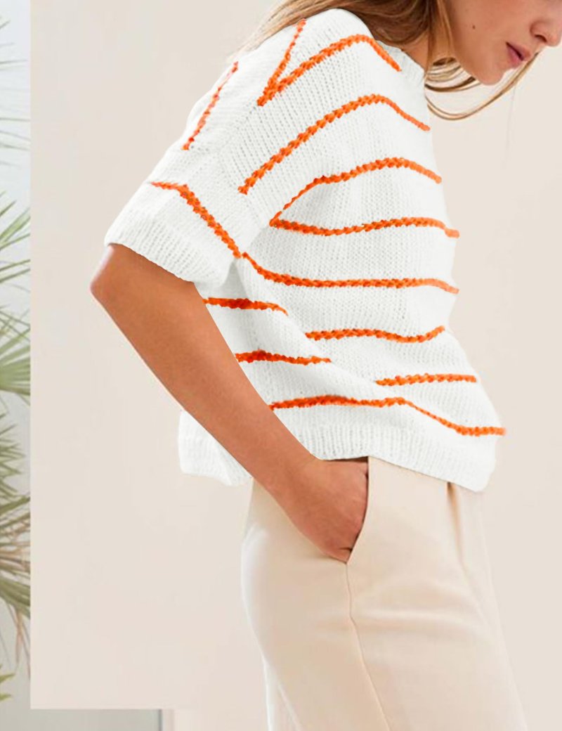 QIBABU Womens Short Sleeve Striped Sweater Top Casual Crewneck Lightweight Shirt Spring Summer Cropped Knit Tops(2242-White-XL-QB)