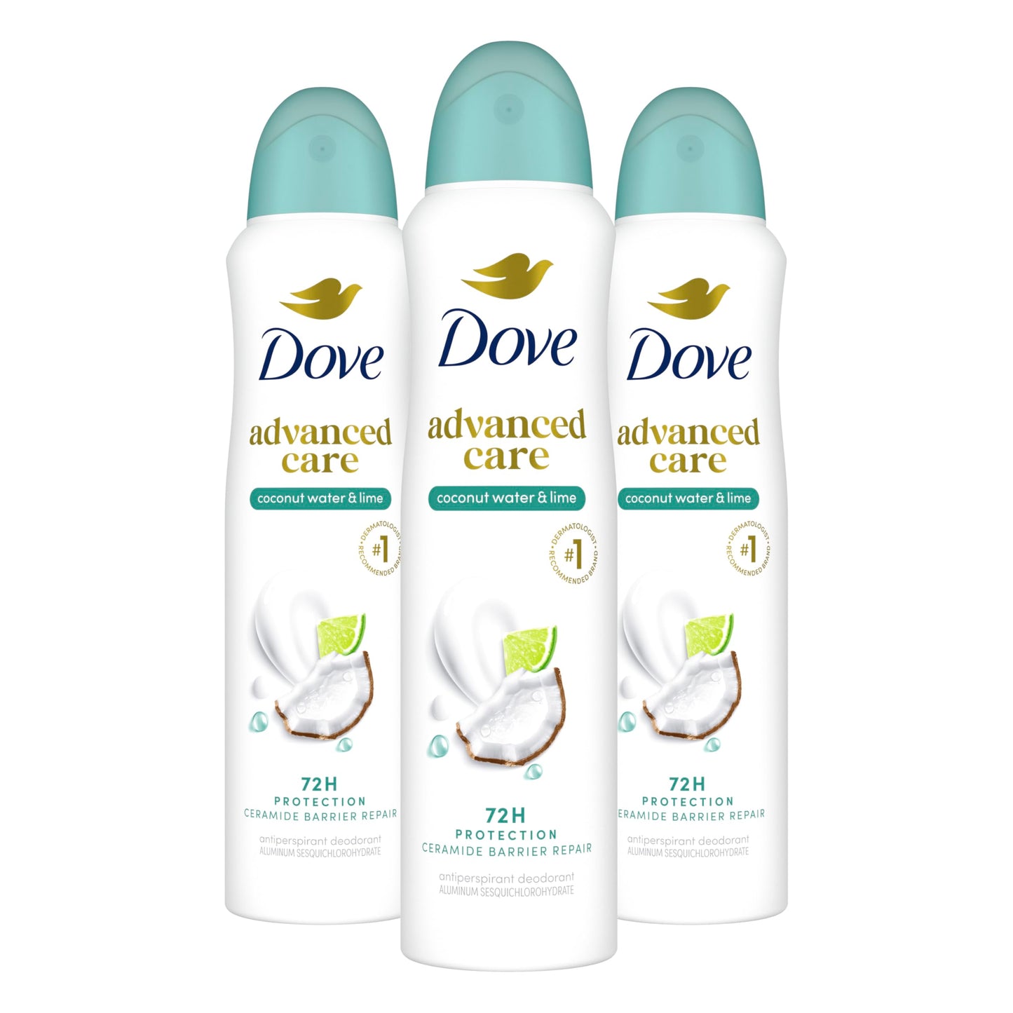 Dove Antiperspirant Deodorant Dry Spray Coconut Water & Lime scent 3ct skin repair after shaving with odor control & sweat protection Pro Ceramide Technology to boost ceramide levels in skin 3.8 oz
