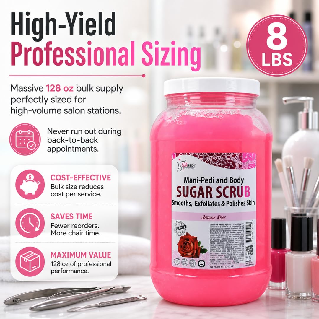 SPA REDI Sensual Rose Sugar Scrub | Dual-Action Exfoliation & Hydration Treatment | The Lotion-Step Eliminator for a Faster, More Profitable Service and Luxurious Deep Hydration 128 Oz