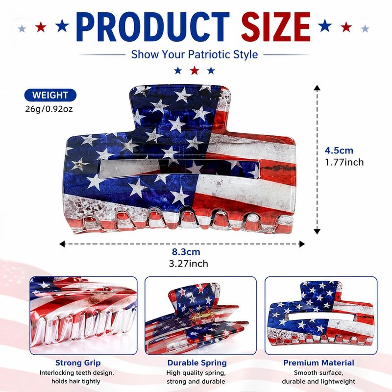 Skiennix 4th of July Hair Claw Clips - Patriotic American Flag Design | Strong Hold for All Hair Types