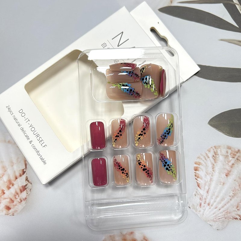 Press on Nails Medium Length Colorful Gradient False Nails Artificial Acrylic Nails Square Fake Nails Full Cover Glossy Reusable Coffin Nails Glue on Nails for Women 24Pcs