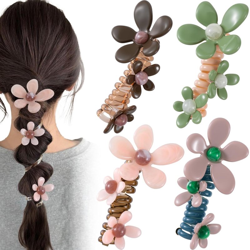 Flower Bead Spiral Hair Ties - 4PCS Floral Ponytail Holders for Women | Elegant Rubber Coils in 4 Colors