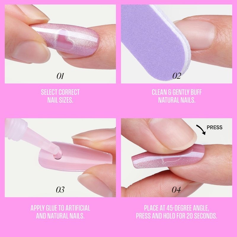 Kiss Glam, Press On Nails, Nail glue included, 'Golden Hour Affairs', Pink, Short Size, Squoval Shape, Includes 32 Nails, 2g Glue, 1 Manicure Stick, 1 Mini File