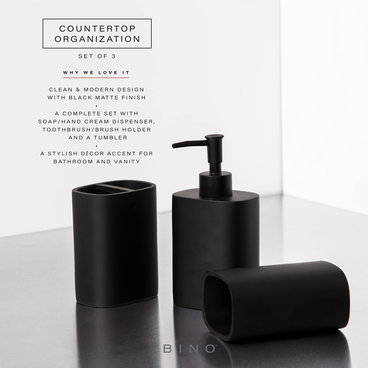 BINO | 3-Piece Bathroom Accessories Set | Stylish Soap Dispenser | Toothbrush Holder and Tumbler for Functional and Elegant Bathroom Decor | Bathroom Essentials | Bathroom Organizer Set & Decor