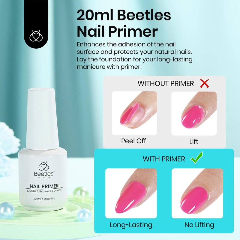 Beetles 20ml Nail Primer for Gel Polish, Hema Free Nail Prep Bond Primer Acid Free Fast Air Dry for Acrylic Uv Gel Gift for Women