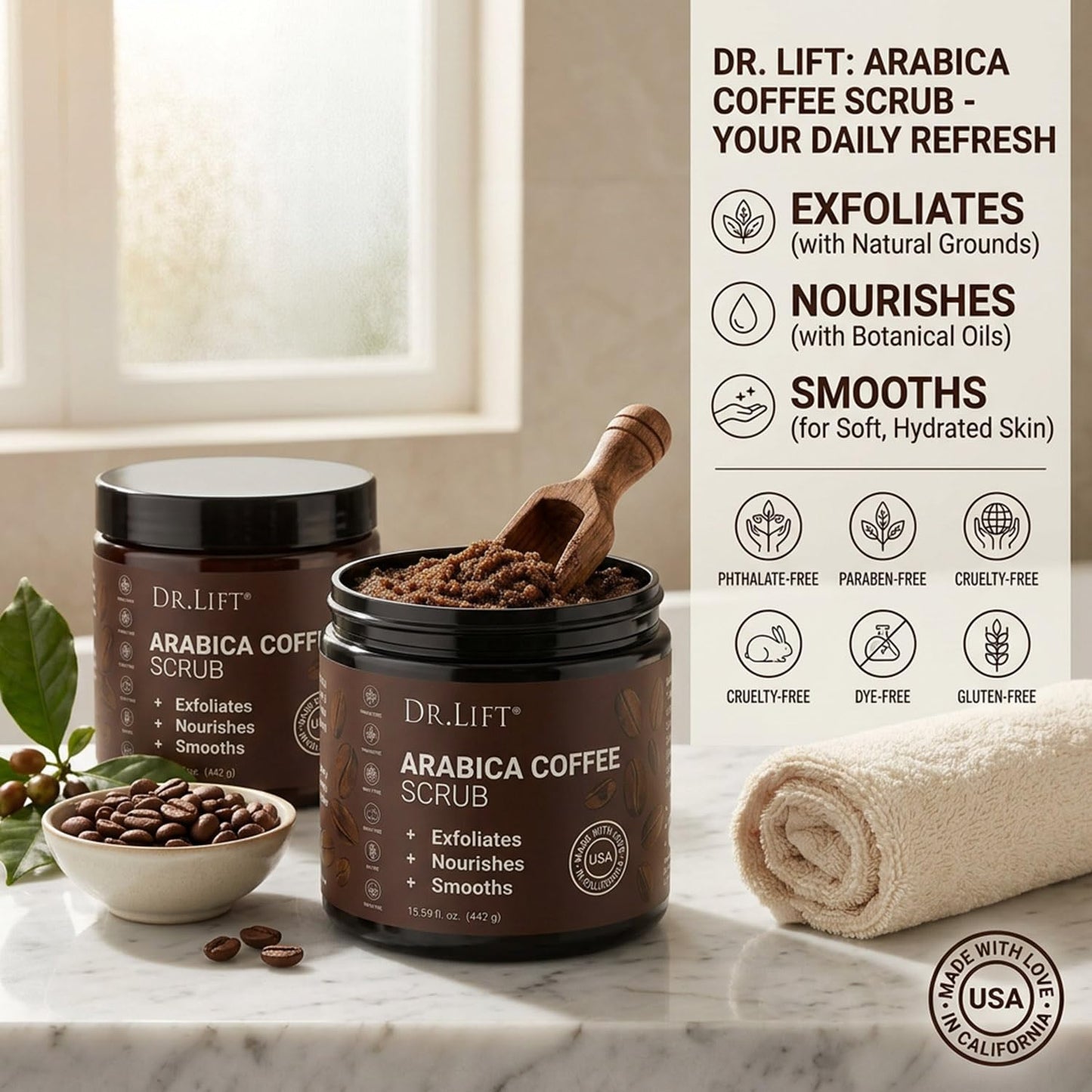 Arabica Coffee Scrub, 15.59 OZ - Moisturizing and Exfoliating Full Body Scrub for Women and Men - Made in the USA by Dr.Lift