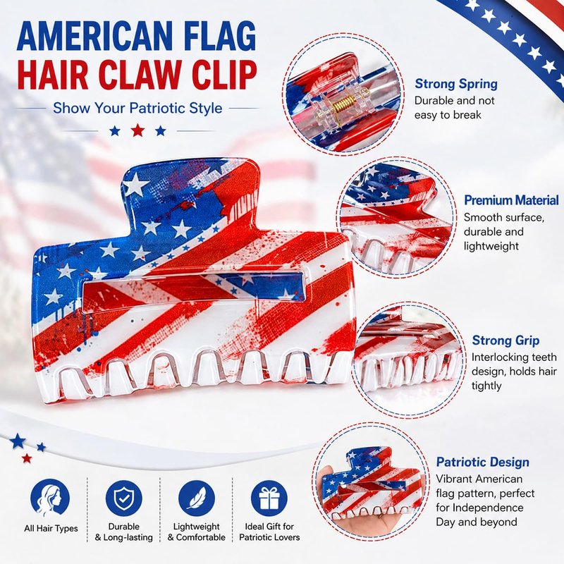 Skiennix 4th of July Hair Claw Clips - Patriotic American Flag Design | Strong Hold for All Hair Types