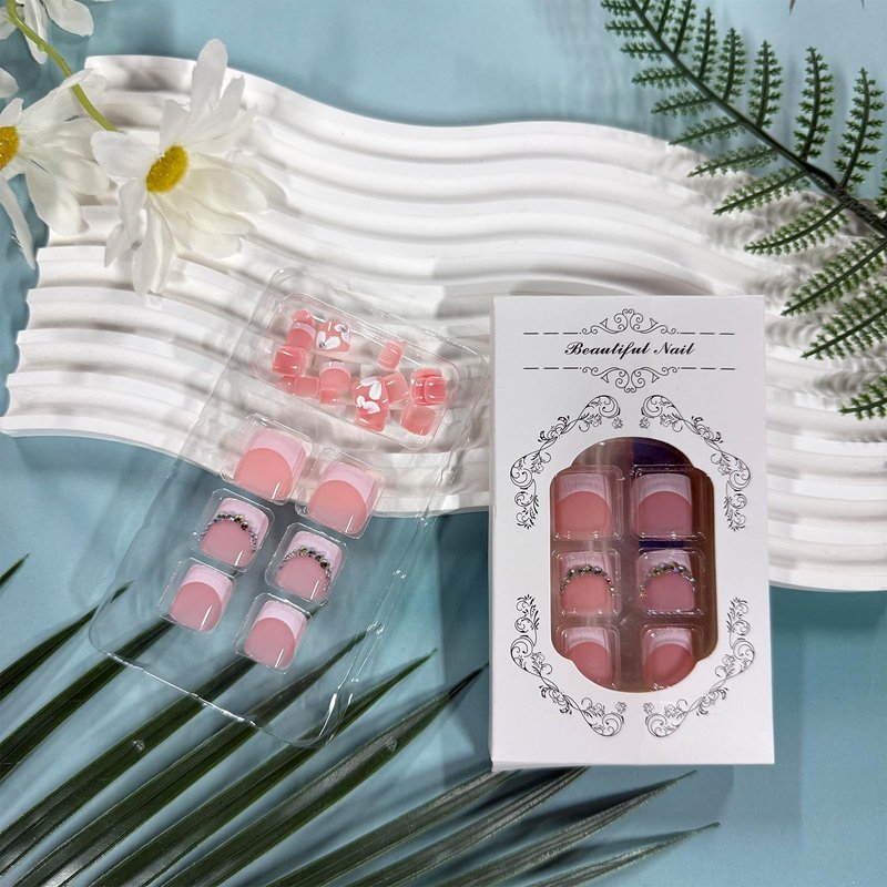 French Tip Press on Toenails Short Square Fake Toe Nails White Petal Toenail Press ons 3D Flower Toe Press on Nails with Rhinestones Design Glossy Pink Acrylic Toenails Summer Nails for Women 24Pcs