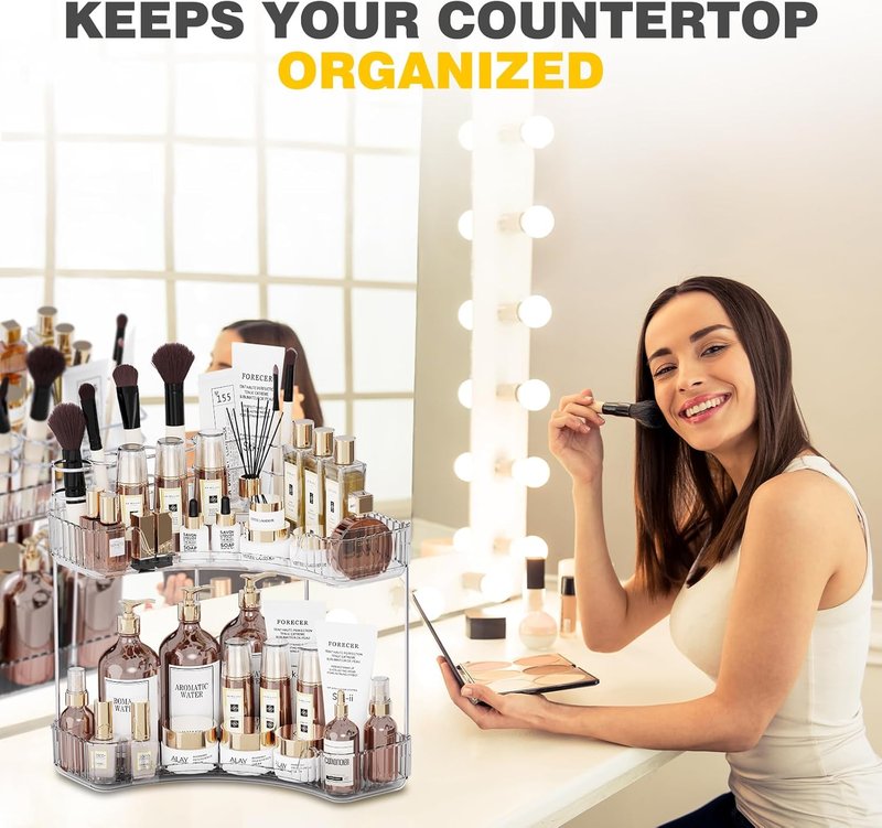 2-Tier Corner Bathroom Counter Organizer - Large Makeup & Skincare Holder | Clear Finish