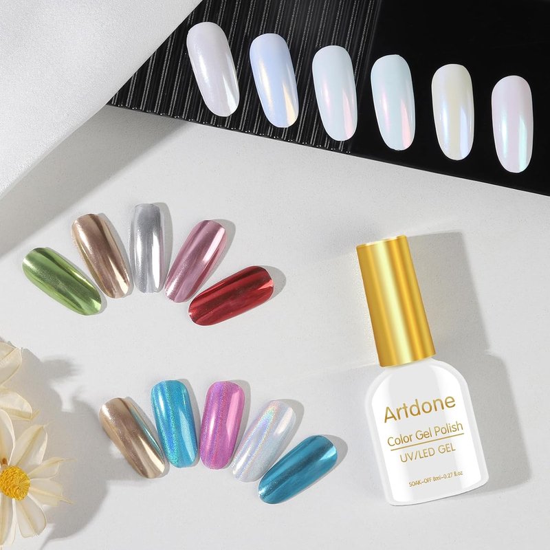 Artdone Chrome Nail Powder Kit - 16 Jars of White Pearl & Silver Metallic Holographic Dip for Nail Art & Crafts