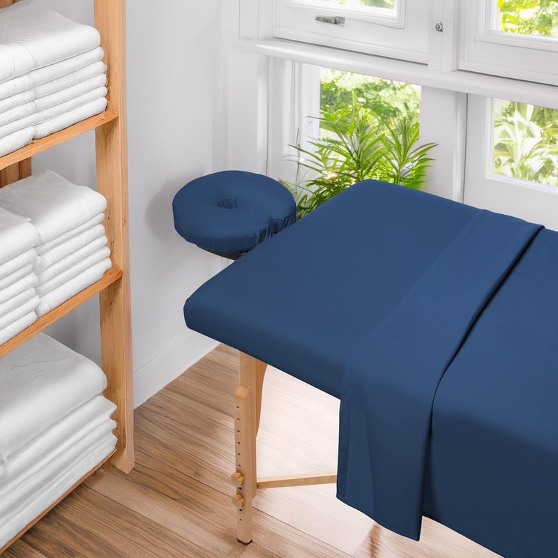 Saloniture 3-Piece Microfiber Massage Table Sheet Set - Premium Facial Bed Cover - Includes Flat and Fitted Sheets with Face Cradle Cover - Navy Blue