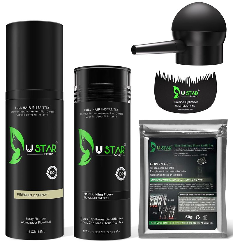 Hair Building Fibers 77.5g, USTAR 5 in 1 Hair Fibers for Thinning Hair with Holding Spray for Instantly Thicker, Fuller Look, Styling Hair Powder for Men & Women (Black)