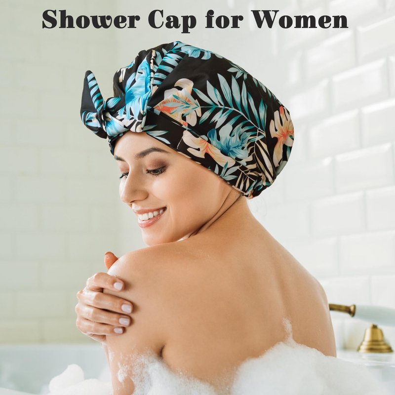 Luxury Shower Cap for Women, Shower Caps for Women Reusable Waterproof, Hair Cap for Shower, Large Adjustable Bowknot Bath Cap for Long Hair Braids