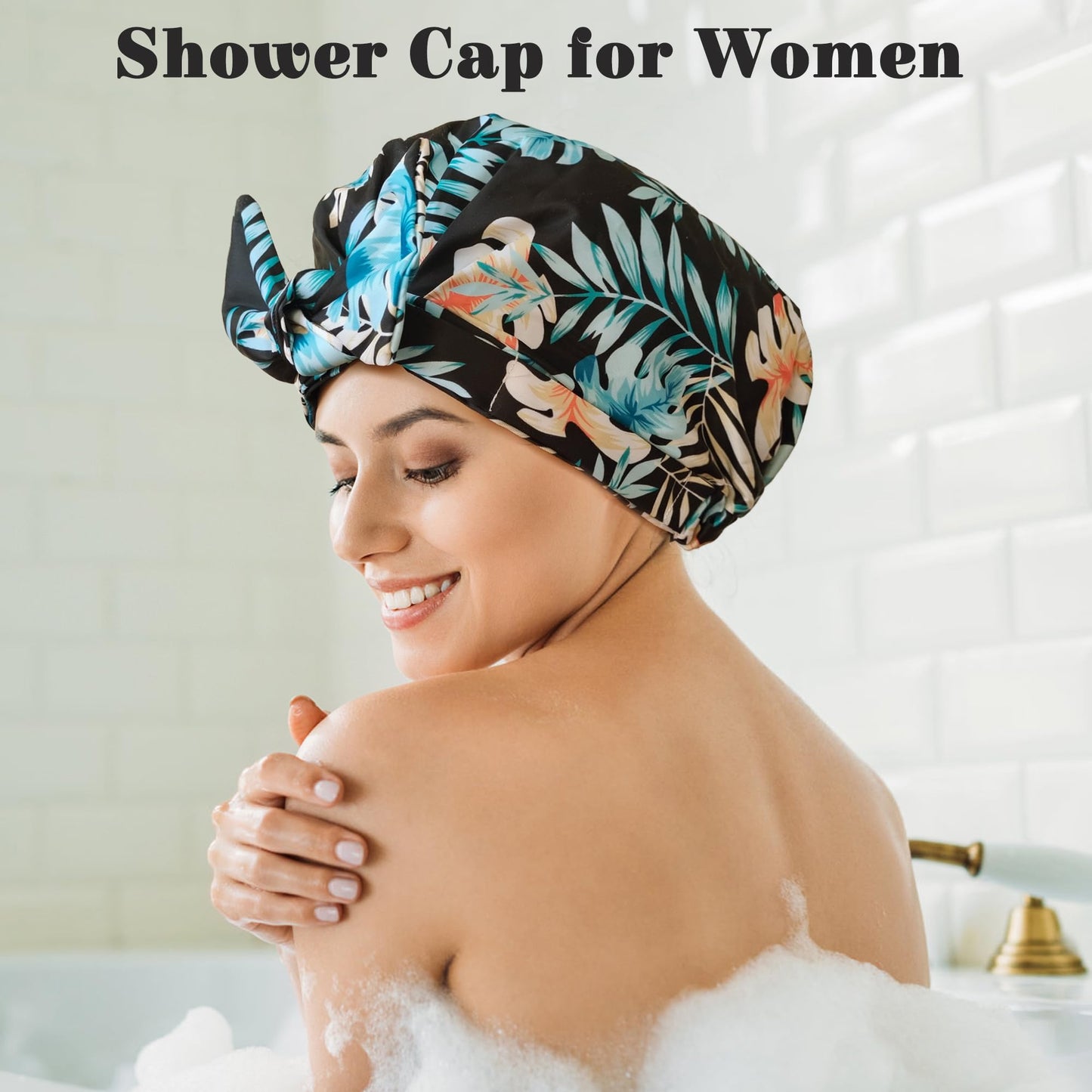 Luxury Shower Cap for Women, Shower Caps for Women Reusable Waterproof, Hair Cap for Shower, Large Adjustable Bowknot Bath Cap for Long Hair Braids