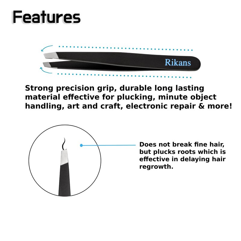 Rikans Precision Tweezers Set – Pack of 4 Black Professional Tweezers – Handy Carry Pouch – Superior Stainless Steel Tweezer Set – Splinters, Eyebrows, Facial or Ingrown Hair – Blackheads Remover