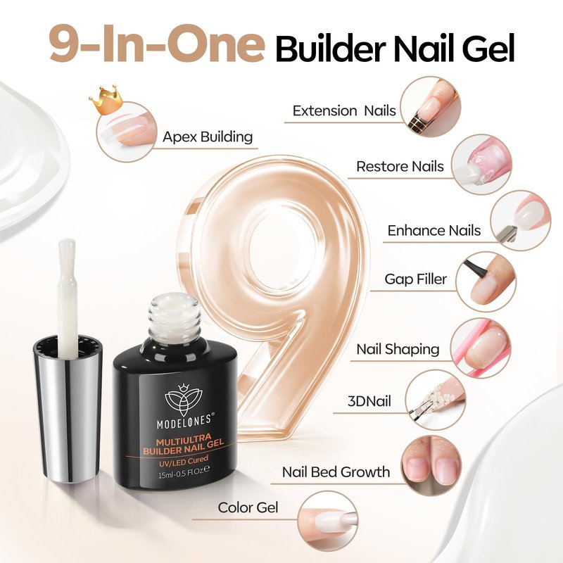 modelones Builder Nail Gel No-Wipe, 9-in-One Milky White Builder for Nails, C-Curve Sculpting, Glossy Jelly Finish, No Top Coat Needed LED Lamp Cured Color Rubber Base Gel Polish for Quick DIY Salon