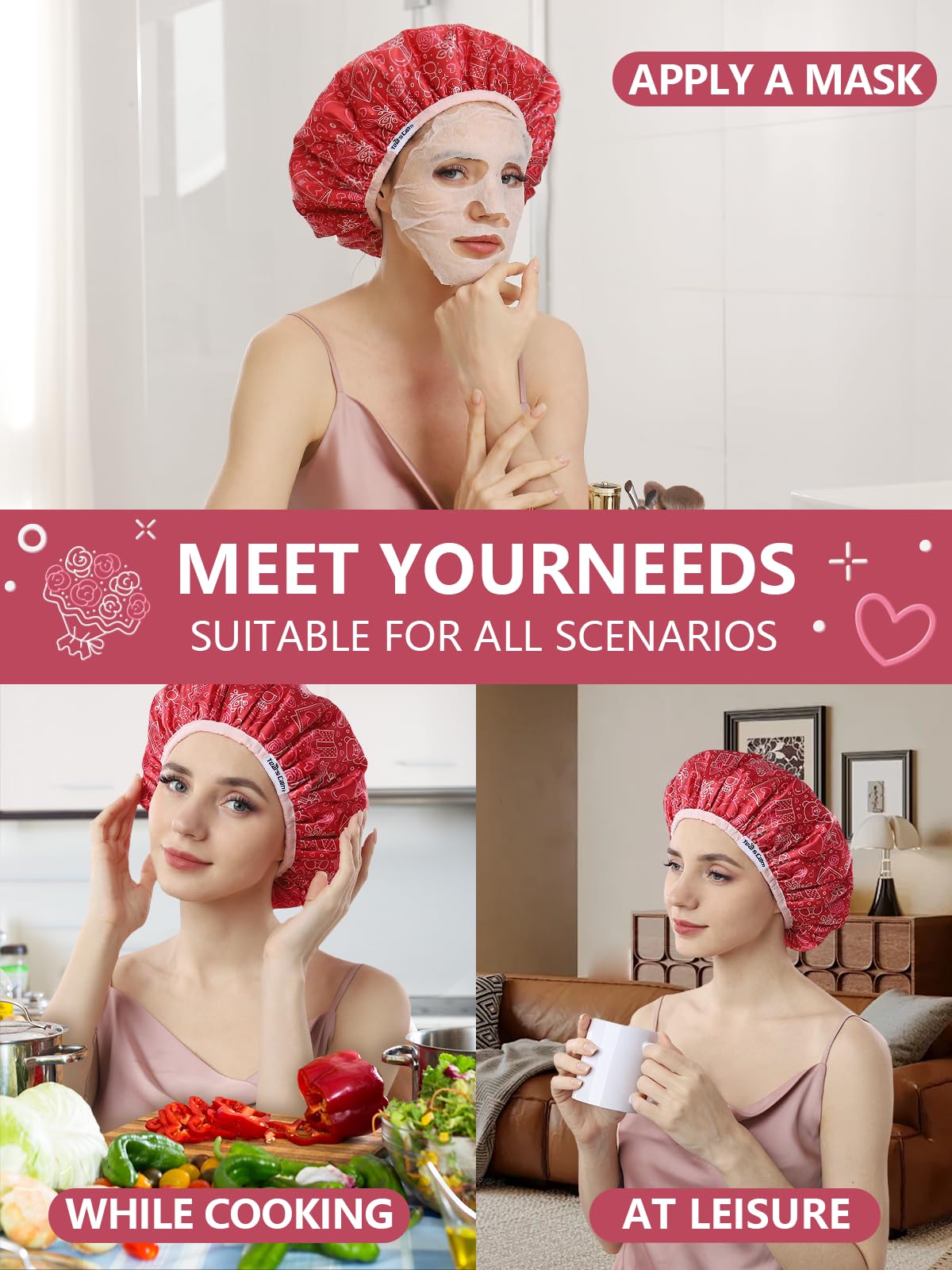Years calm Terry Lined Shower Cap, Triple Layer Heart Motifs,Waterproof Reusable Elastic,Hair Shower Cap for Women,Terry Cloth Shower Caps for Spa,Clean,Trave (Red, One Size)