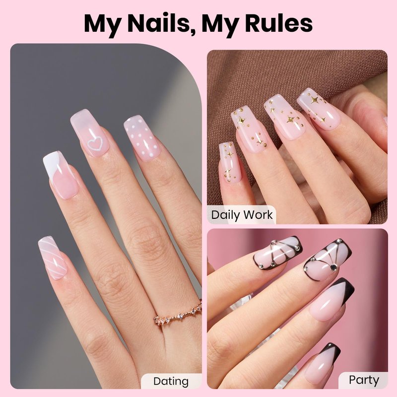 Beetles Gel Nail Kit Etch-X, Square Short, 288pcs 12 Sizes Nail Tips, 3Pcs 15ml HEMA-Free Nail Glue Top Coat & Base Gel Set, with Mini Lamp, Press On Nail, Long Lasting Extension DIY Set at Home