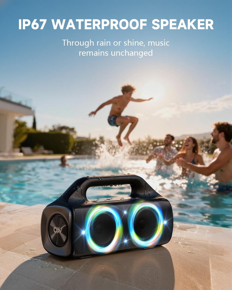 OYW IPX67 Waterproof Bluetooth Speaker:80W(Peak) Loud Outdoor Portable Wireless Party Speakers with LED Lights,20H Playtime,Bluetooth 5.3,Deep Bass & TWS for Pool,Beach