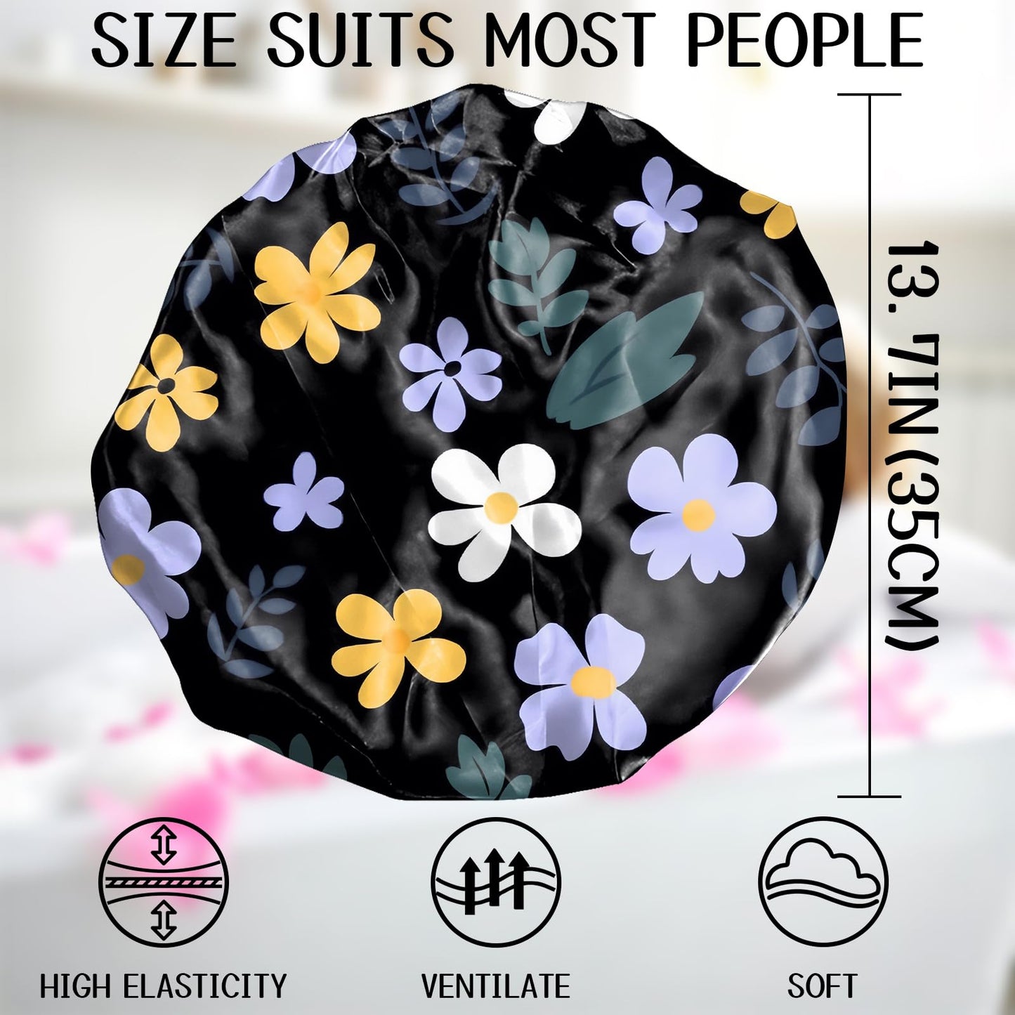 Zewurtuw Luxury Shower Cap Terry Cloth Lined EVA Waterproof Reusable Triple Layer Elastic Hair Bath Caps for Women Girls Cute-Purple Flower