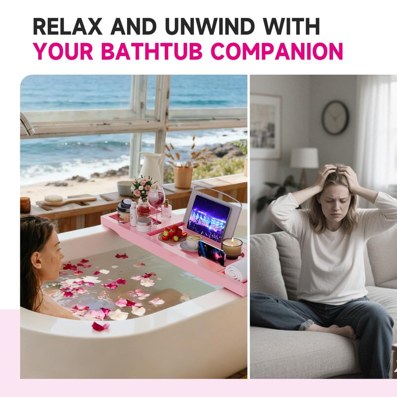 Foldable Bathtub Caddy Tray, Bamboo Bath Tub Tray Table for Tub with Wine Glass Holder Book Phone Tablet Holder with Extending Sides, Adjustable Bathroom Bathtub Free Soap Holder Gift Idea (Pink)