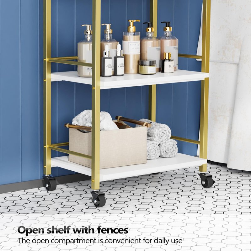 OmySalon Salon Trolley Cart with Wheels, Esthetician Cart with 1 Drawer & 2 Trays, Mobile Storage Organizer for Beauty Spa Massage Tattoo Esthetic Facial Tool Holder Station, White Gold