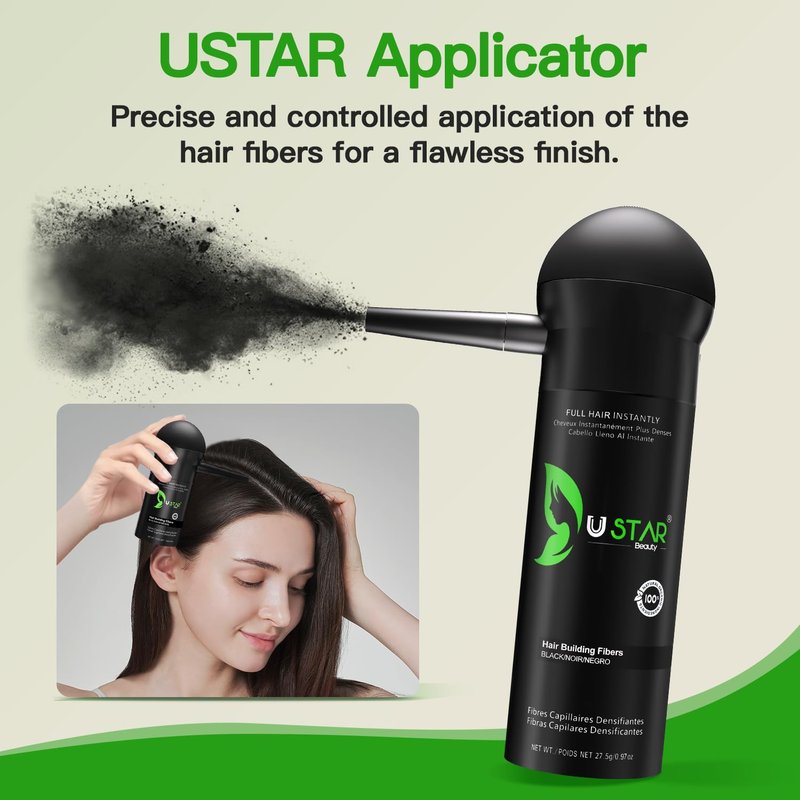Hair Building Fibers 77.5g, USTAR 5 in 1 Hair Fibers for Thinning Hair with Holding Spray for Instantly Thicker, Fuller Look, Styling Hair Powder for Men & Women (Black)