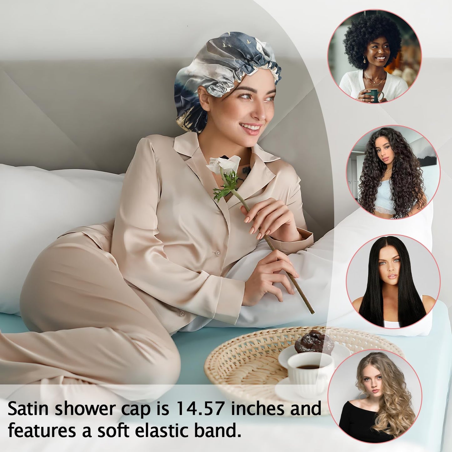 Cabreche Luxury Shower Cap Satin Silk Lined Adjustable Elastic Reusable Waterproof Shower Bath Cap Cute for Women Girls-Forest