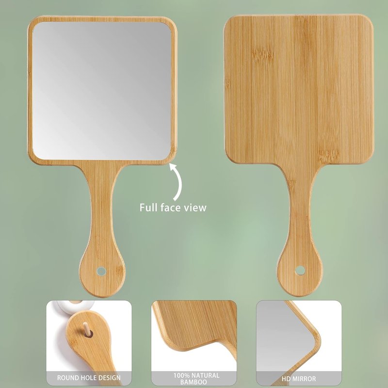 Natural Bamboo Handheld Mirror - Portable Single-Sided Travel Vanity Mirror for Men & Women | 6.3" W x 11.8" L