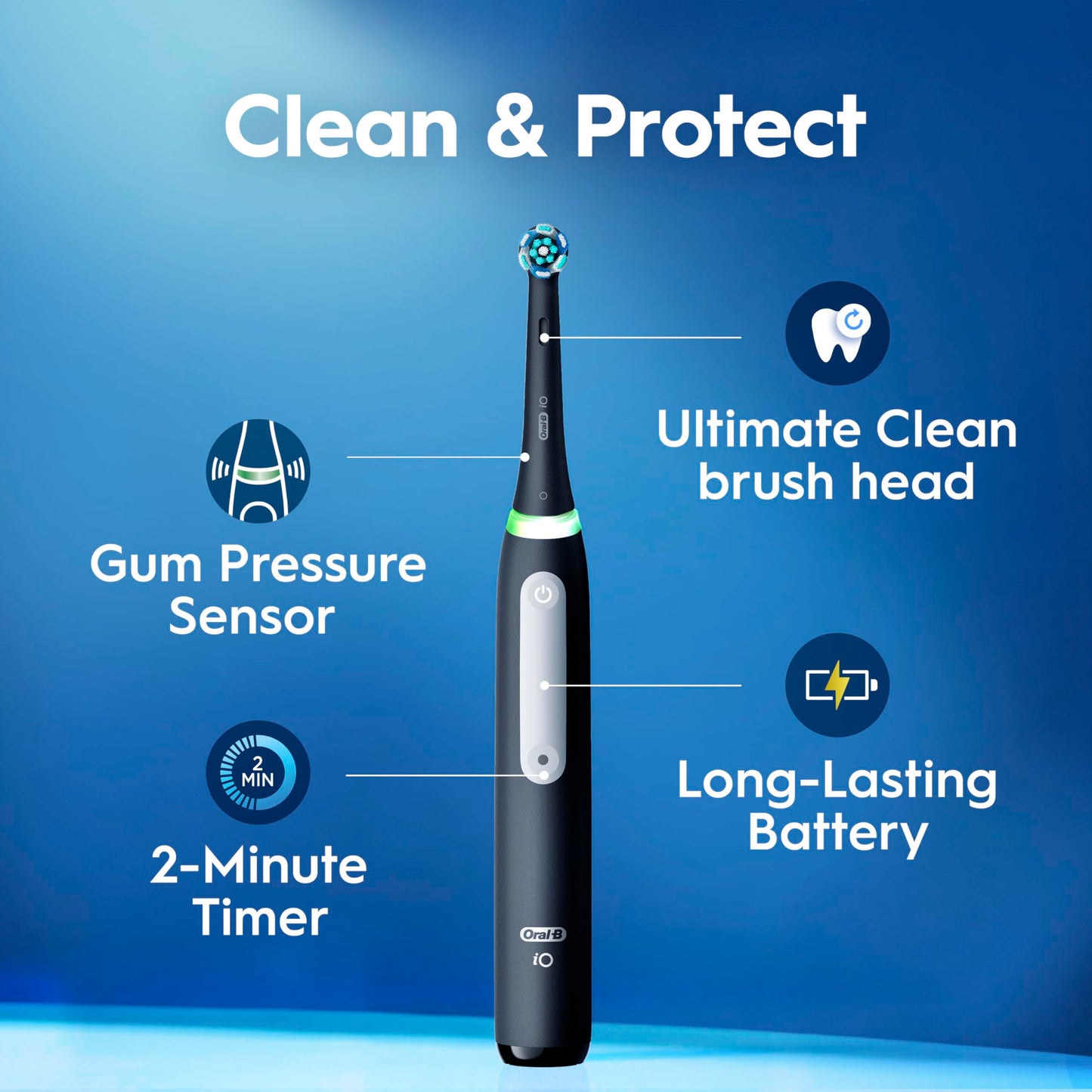 Oral-B Rechargeable Electric Toothbrush, iO3 Limited Deep Clean, 3 Cleaning Modes, Visual Pressure Sensor to Protect Gums, 2 Brush Heads, Travel Case, ICY Blue