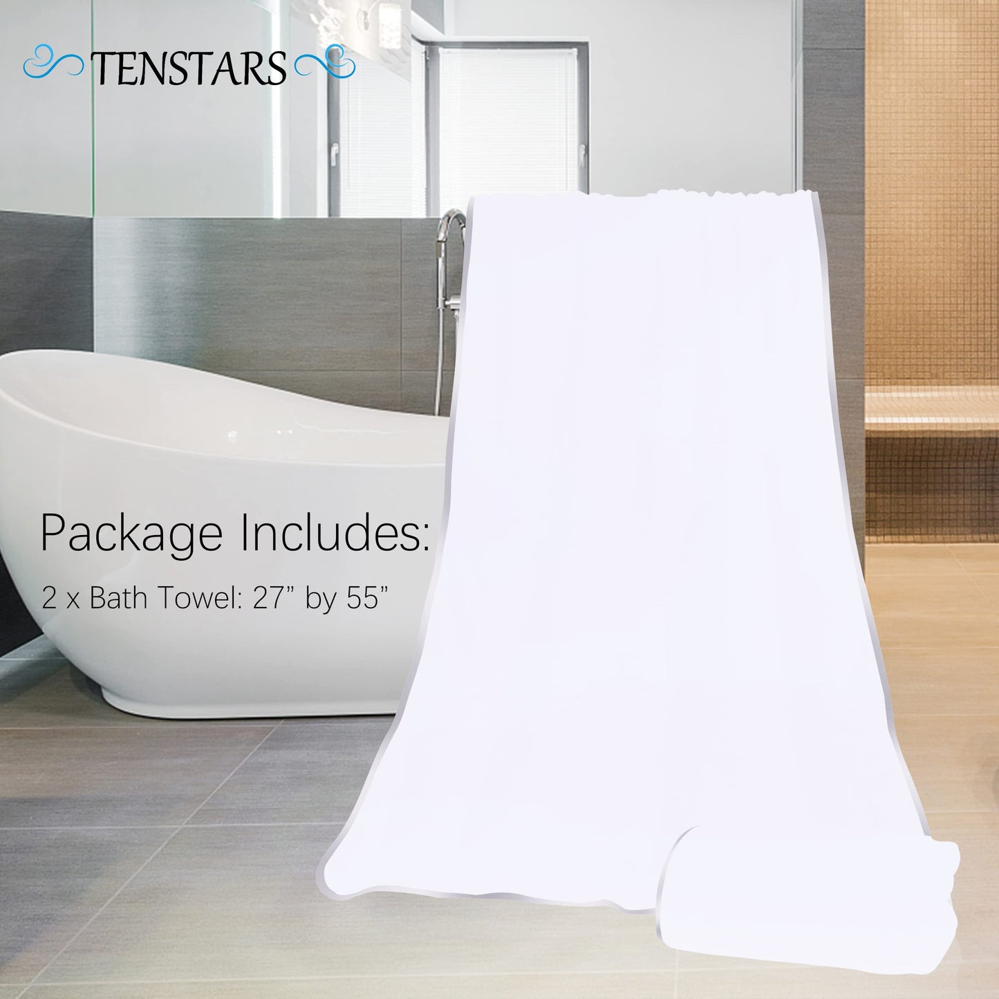 TENSTARS Silk Hemming Bath Towels for Bathroom Clearance - 27 x 55 inches - Light Thin Quick Drying - Soft Microfiber Absorbent Towel for Bath Fitness, Sports, Yoga, Travel, Gym - 2 Pack, White