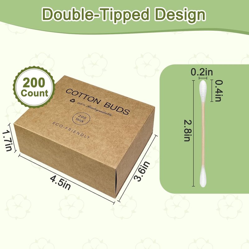 Bamboo Cotton Swabs - Biodegradable Organic Cotton Buds with Wooden Sticks | 200 Count for Makeup & Ear Cleaning